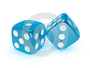 Translucent blue dice on white background