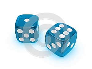 Translucent blue dice on white background