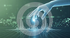 Futuristic blue hand interacting with glowing digital data streams and abstract technology interface