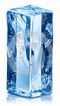 Translucent Blue Rectangular Ice Block on White Background with Reflections