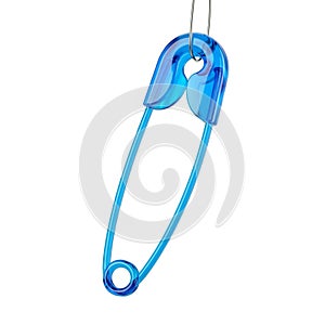 Translucent Blue Safety Pin Hanging on a White Background fastener closure