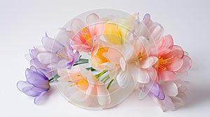 Translucent Color Flowers On White Surface: Authenticity And Vividness