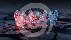 A translucent, crystal-like crown rests on a dark, textured stone surface. The crown photo