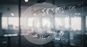 Translucent digital interface floating in a dimly lit office environment. The interface