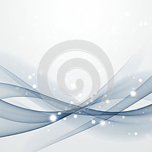 Translucent, flowing blue and gray curves intersect across a soft white gradient photo