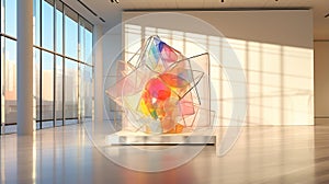 Translucent Geometric Sculpture in Vibrant Art Gallery