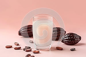 A translucent glass of cacao water, surrounded by raw cacao beans