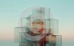 Translucent Glass Cubes Abstract 3D Render. Generative AI