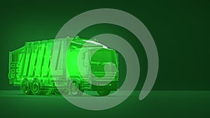 Translucent glowing green dump trash truck with recycle symbol on green background. concept of ecology dump operations