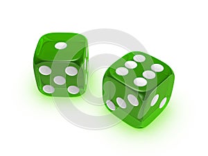 Translucent green dice on white background