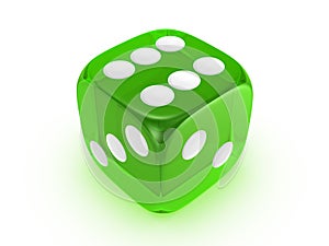 Translucent green dice on white background