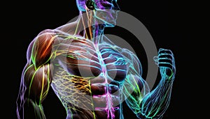 Translucent human body muscles colorful neon glowing on dark background, man bodybuilding muscle