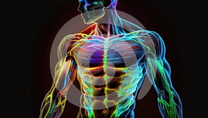 Translucent human body muscles colorful neon glowing on dark background, man bodybuilding muscle