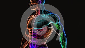 Translucent human body muscles colorful neon glowing on dark background, man bodybuilding muscle