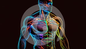 Translucent human body muscles colorful neon glowing on dark background, man bodybuilding muscle