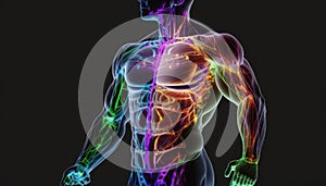 Translucent human body muscles colorful neon glowing on dark background, man bodybuilding muscle