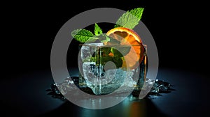 Translucent ice cube, vibrant orange slice, and fresh mint. Cool and refreshing, Ai Generated