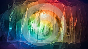 Translucent ice formation illuminated with vibrant rainbow spectrum colors creating an abstract visual Keywords: ice