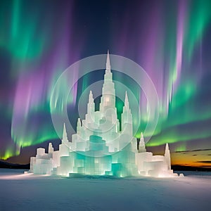 A translucent ice palace built from frozen blocks, illuminated by the colorful Northern Lights