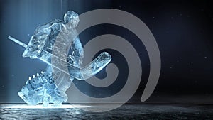 Translucent ise sculpture of ice hockey goalie in dinamic pose with dramatic light and dust particles in the air. hockey