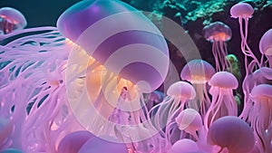 Translucent jellyfish floating in ocean environment. Underwater scene with soft lighting. Concept of sea life, marine
