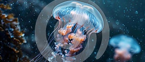 Translucent jellyfish pulsating in ocean thriving amidst saline anomalies mesmerizing creature. photo
