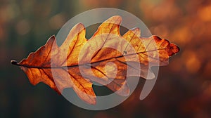 Translucent oak leaf against a blurred autumn backdrop