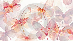 Translucent Orange and Pink Butterflies on White Background