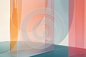 Translucent overlapping shapes in soft colors, creating depth in a minimalist design