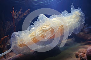 a translucent sea cucumber crawling on the ocean floor
