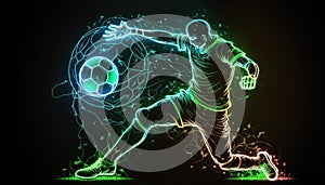 Translucent soccer player runs with ball on dark blue background, colorful neon trail glowing