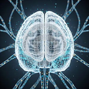 Glowing wireframe human brain with neural pathways.