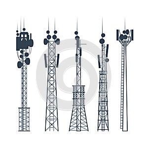 Transmission cellular towers, satellite communication antenna silhouette, of radio tower