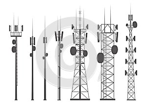 Transmission cellular towers silhouette. Mobile and radio communications towers with antennas for wireless connections