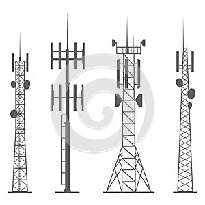 Transmission cellular towers silhouette. Mobile and radio communications towers with antennas for wireless connections. Outline