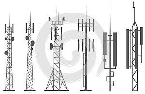 Transmission cellular towers silhouette. Mobile and radio communications towers with antennas for wireless connections. Outline