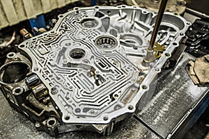 Transmission gearbox in repair shop