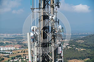 Transmission tower with antennas and cables