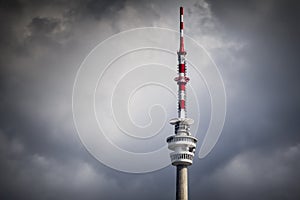 Transmission tower in clouds