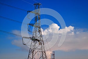 A transmission tower or electricity pylon with blue sky. It is a tall structure, usually a steel lattice tower, used to support an