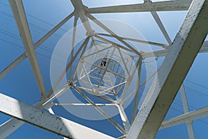 Transmission tower, view from below. Overhead pylon power line tower, distribution and transmit electrical energy across large