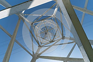 Transmission tower, view from below. Overhead pylon power line tower, distribution and transmit electrical energy across large