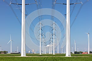 Transmission towers in front of a Dutch power station in Eemshaven, The Netherlands
