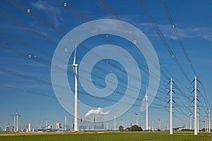 Transmission towers in front of a Dutch power station in Eemshaven, The Netherlands