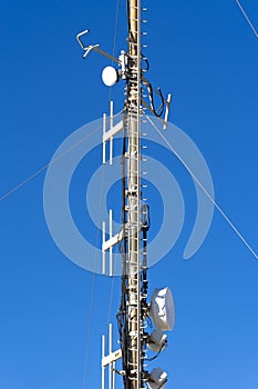 Transmitter tower against cloudless blue sky