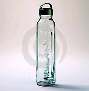 A transparant clear bottle with a black top