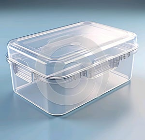 A transparant plastic container with blue background