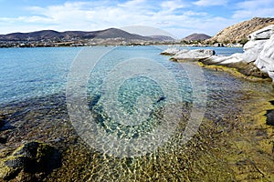 The transparency of the turquoise water of Kolimbithres beach on the island of Paros