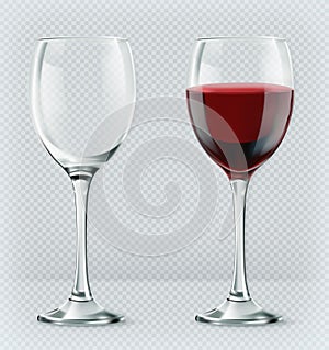 Transparency wine glass. Empty and full. 3d vector icon