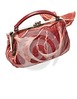 Consumism concept with meat woman purse on a white background original surreal art